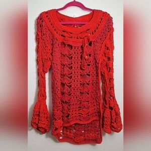 NWT Handmade Embossed Crochet  Assymetrical Cover-Up/Tunic With Bell Sleeves